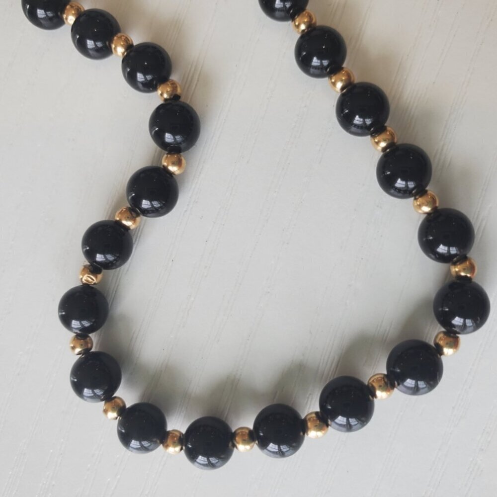 VICTORIAN BLACK ONYX &14K Yellow GOLD Beaded STRAND Necklace Antique f/ 1800's - Picture 4 of 8